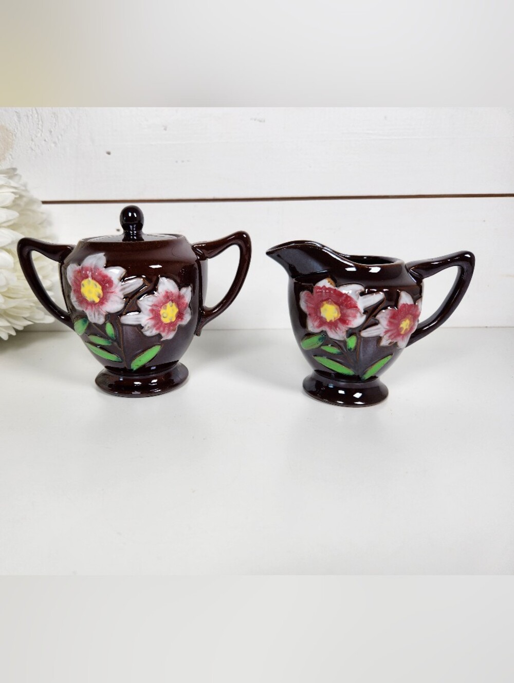 Vintage Brown Glazed Creamer & Sugar Bowl with Hand Painted Embossed Flowers